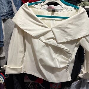 JS Boutique Cream Draped Collar Blouse with Decorative Buttons